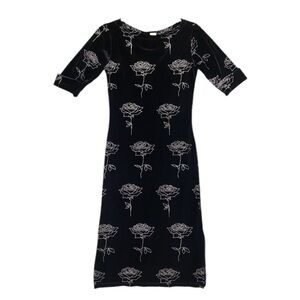 Vintage Mine USA Velour Rose Midi Dress Womens Size Small Glitter Black Dark